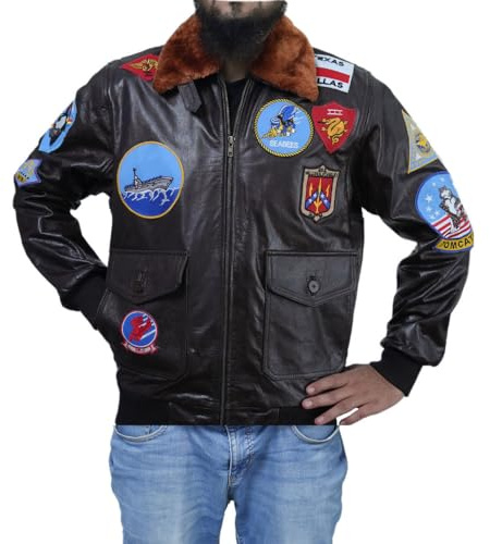 Giacca in pelle vintage da uomo Airforce con pelliccia rimovibile, giacca in vera pelle con toppe USAAF, giacca bomber da pilota B3 WW2 Navy, Marrone, S