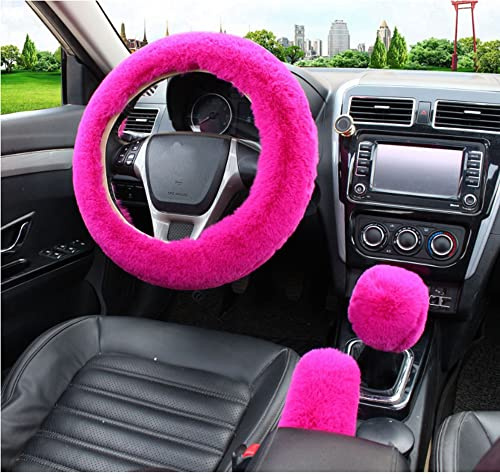 3 Stück Auto Lenkradhüllen,Universal Anti Rutsch Winter Fell Lenkradabdeckung Warme Plüsch Lenkrad Abdeckung Lenkradschoner Auto Zubehör Lenkradbezug Handbremse Getriebe Abdeckung Set,36-39cm Rose