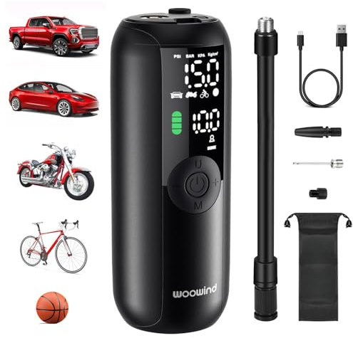Woowind LP1 Tyre Inflator Air Compressor, 150 PSI, Bike Pump, Auto Cut Off, Cordless Car Tyre Inflator with Schrader, Presta, Dunlop, Pressure Gauge for Car, Bicycle, Motocycle