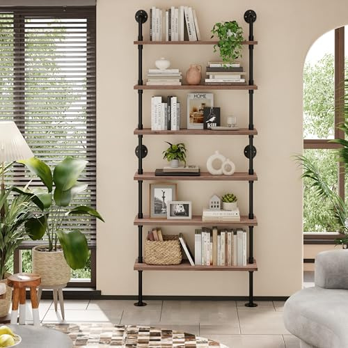 Industrial Pipe Bookshelf, Wall Mounted Shelf, 36 Inch, Weathered Brown | 6 Tier Open Bookcase, Solid pine wood, black iron pipe frame, 40 lbs per shelf, for books, kitchen, office decor