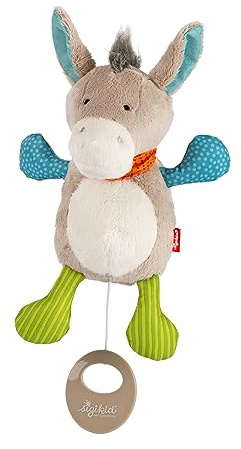 SIGIKID Minispieluhr Esel, Kuscheltier mit Spieluhr zum Aufziehen, sanfte Melodie zum Einschlafen, Spielwerk austauschbar, für Babys und Kinder ab Geburt, Art.-Nr. 42891, mehrfarbig 20 cm