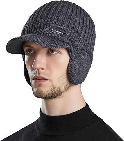 YAMEE Vintermössa för män, stickad mössa, vintermössa, stickad mössa med skärm, mössa, toppmössa med öronlappar, herr öronskydd, 9125/mörkgrå, En Storlek