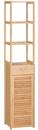 kleankin Mobile Bagno Alto in Bambù Colonna Bagno 32x30x163 cm Color Legno | 3 Ripiani Aperti, Cassetto, un Armadietto