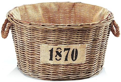 Kobolo Holzkorb, ovaler Rattankorb, 61x45x35 cm, grau, mit Juteeinsatz, ideal als Aufbewahrungskorb, Tragekorb oder Allzweckkorb für Holz, Spielzeug, Zeitungen