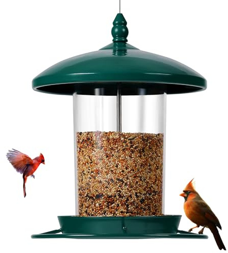 Vogelfutterstation aus Metall zum Aufhängen im Freien, 1,4 kg, Samen-Futterstation, leicht zu befüllen und zu reinigen, 360°-Fütterung, kaufest, wetterfestes Dach für Gärten und Wildvögel, Grün | 1,4 kg Samenkapazität, leicht zu befüllen und zu reinigen, 360° Fütterung, kaufest, wetterfestes Dach