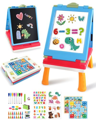 Elovien Easel for Kids, 4 in 1 Double Sided Toddler Art Easel with Chalkboard & Magnetic Whiteboard, Foldable Kids Tabletop Easel with Drawing & Writing Accessories - Gift for Boys and Girls (Blue)