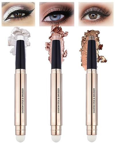 Glitter Eyeshadow Metallic Eye Shadow Stick,3Pcs Pearl Shimmer Dual-Ended Eyeshadow Eye Brightener Highlighting Pen,High Pigmented,Smooth Easy To Color For Sensitive Eyes Makeup (3pcs-137)