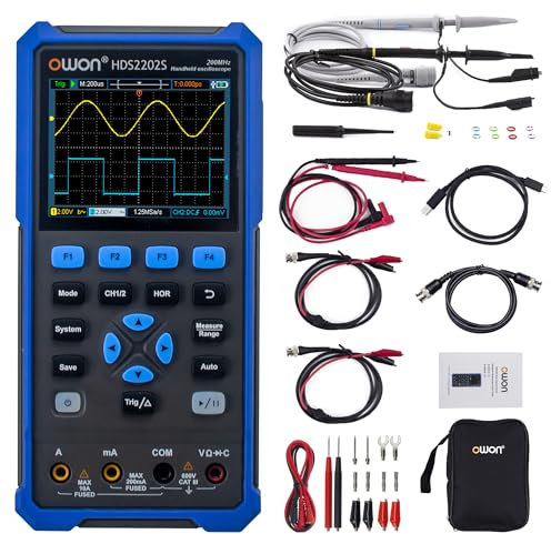 OWON HDS2202S 200MHz Handheld Oscilloscope, 1GS/s Sample Rate, 4 1/2 Digits Multimeter, 25MHz Signal Generator, 3.5” Adjustable Brightness LCD