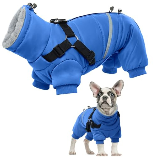 Hundemantel für Kleine Hunde, Hundemantel 4 Beine Welpenmantel Winter Hundepullover Hundejacken Winterweste für Kleine Hunde mit Geschirr (Blau, S)