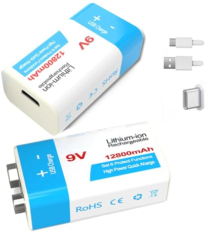 9V uppladdningsbart batteripaket 9 Volt 12800mAh litiumbatteri för larm/mikrofoner/rökdetektorer/leksaker/ficklampor och fler elektriska apparater,12800mah 2pcs