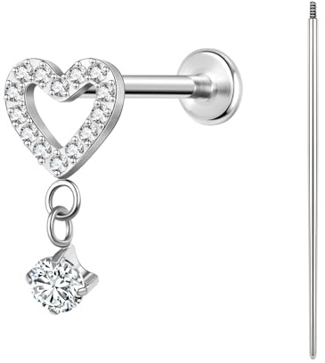 BodyAce ASTM F136 Titan Helix Piercings Ohrstecker, 16G Flatback Lippenpiercing With Piercing Taper, Nasenstecker Conch Tragus Piercing Schmuck [Hängendes hohles Zirkon-Herz]