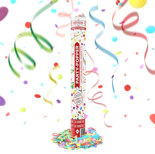 Party Factory – Konfettikanone Bunte Luftschlangen & Konfetti Party Popper 1er Set – Partygadgets Confetti Kanone 40cm mit Schnipseln für Geburtstag oder JGA – Bis 8m Flughöhe, für Innen & Außen