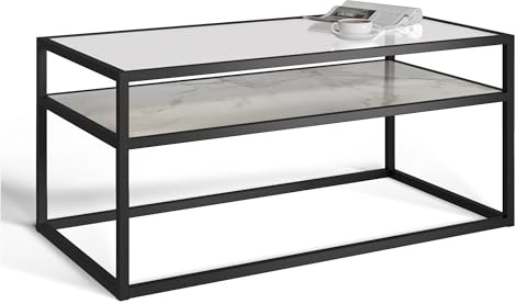 URBNLIVING Glass Display Top Coffee Table with Steel Frame Reversible Wooden Storage Shelf