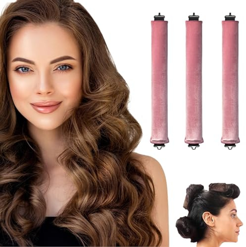 Moguri 3 Stück Hitzefreier Lockenwickler, Flexi Stangen mit Haken, hitzefreier Lockenstab für alle Haartypen, Lockenwickler zum Ausschlafen, hitzefreie Locken über Nacht,Rosa