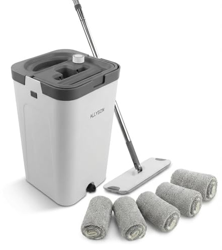 Allyson® Wischmopp Set mit Eimer, 3 Kammer System, inkl. 5 Mopptücher | Integrierter Haarentferner, für Fliesen, Laminat & Holzböden, BPA-freier Eimer, ohne Bücken & nasse Hände