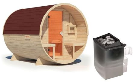 Karibu Fasssauna Set naturbelassen mit Ofen 9 kW integr. Strg., Kabel, Schindeln in versch. Längen (Länge 299 cm)