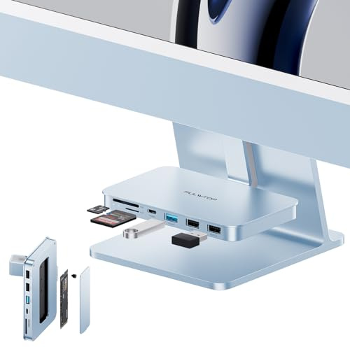 iMac Accessories for iMac24 inch 2021/2023/2024 with M.2 NVMe SSD Enclosure | PULWTOP iMac Hub Shelf USB C Hub USB A/C 10Gbps, SD/TF, iMac USB Adapter for iMac24 M1/M3/M4 or Studio Display 27“, Blue