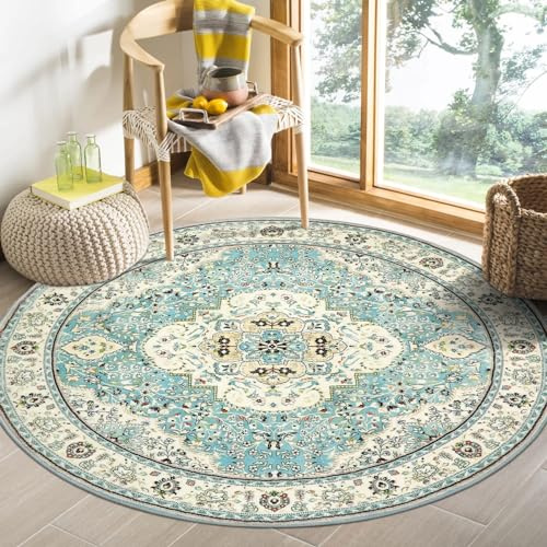 Nyescasa Runder Teppich Wohnzimmer Schlafzimmer Vintage Boho Kurzflor Teppich Weich Waschbar rutschfest Runder Teppiche für Kinderzimmer Esszimmer Outdoor, Beige Türkis, Rund 100 cm