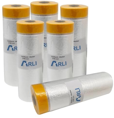 ARLI Goldband Masker 2700 mm x 16 m Abdeckfolie mit Klebeband Malerfolie Baufolie transparent HDPE Folie mit Washi Tape für Abdeckarbeiten im Innen- und Außenbereich (5 Stück/Rollen)