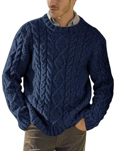 Runcati Suéter Jersey Pullover de Punto Trenzado Grueso para Hombre de Otoño Invierno con Cuello Redondo, Azul Oscuro, XL