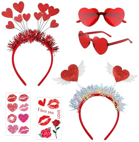 Amor Kostüm Damen, 2 Stück Herz Haarreif + 2 Stück Herzbrille Set mit Gesichtstattoo, Amor Haarreif Heart Glasses für Valentinstag Karneval Fasching Hochzeit Weihnachten Foto Requisiten Kostüm Party