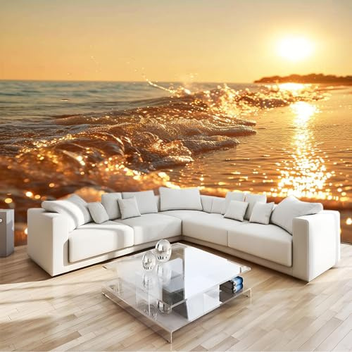 Papier Peint Panoramique Intissé Or, 400 x 280 CM Murales Vagues de Plage au Coucher du Soleil pour Salon Adulte Chambre d'Enfants Restaurant Décoration Murale