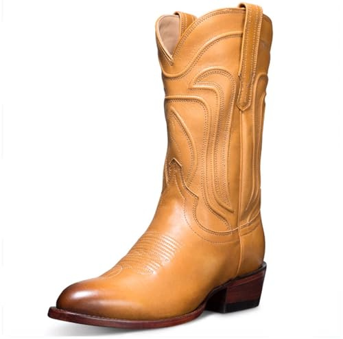 CrtTsks Cowboystiefel für Herren Square Toe Bestickte Westernstiefel Traditionelle Landstiefel Strapazierfähige Leder Arbeitsstiefel,Gelb,43 EU