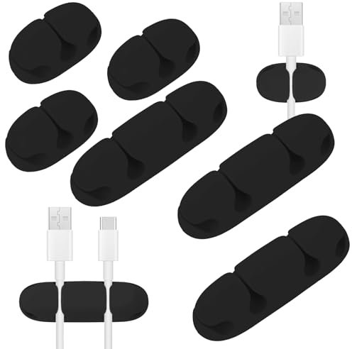 Bewudy 6 Pcs Cable Holder Clips, USB Cable Organizer Clips Cord Holder, Cable Management Wire Cord Organizer for Desk, Nightstand, Phone Charger, Computer, Home, Office, Car(Black)