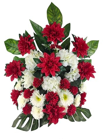 DRW Centre de Fleurs artificielles cimetière, église Mariage sépulture Rouge et Blanc avec Dahlias et lyliums 70 x 73 x 30 cm