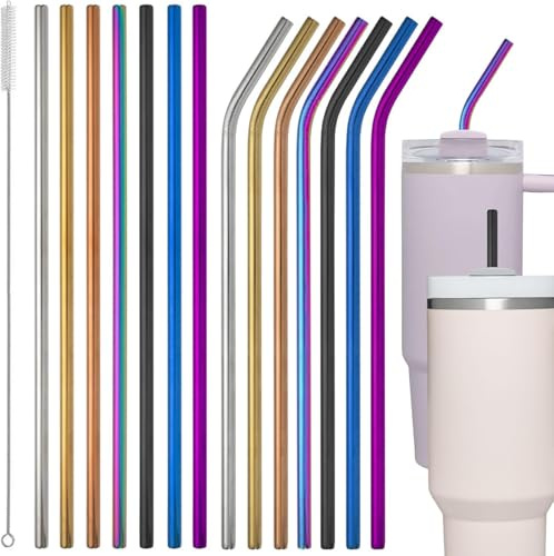 14Pcs Edelstahl Strohhalme Wiederverwendbar, BetterJonny 30cm Edelstahl Trinkhalme 7 Gerade 7 Gebogen 1 Reinigungsbürsten Metall Strohhalm Wiederverwendbar Trinkröhrchen für Cocktails Smoothie Säfte