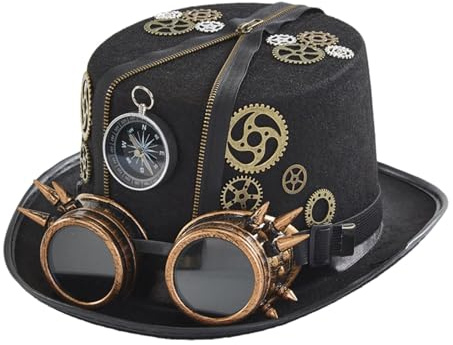 Steampunk Zylinder - Steampunk Hut mit Brille | Gothic Vintage Kostüm Kopfbedeckung | Karneval Steampunk Hut | Halloween Steampunk Zubehör für Maskerade Partys und Halloween Dress Up Partys