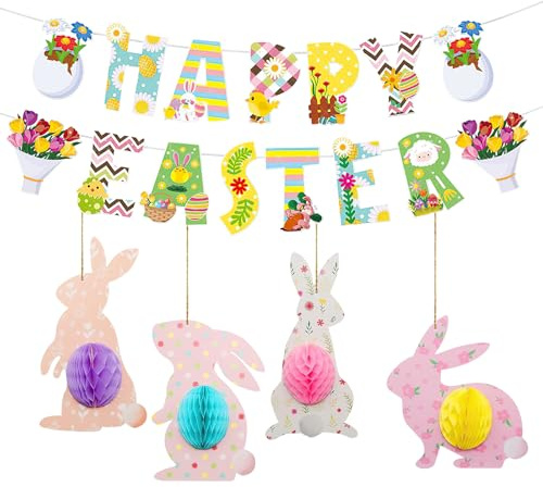 Easter Bunting Banner, Happy Easter Banner, Easter Egg Hunt Decorations, Easter Egg Bunny Party Decorations, Reusable Easter Decorations for Easter Office Home Indoor Outdoor Party Decorations