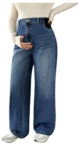 MakeMeChic Women's Maternity Jeans Loose Wide Leg Over The Belly Straight Pregnancy Jeans Denim Pants Blue Medium