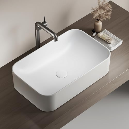EMKE Lavabo de apoyo rectangular 61 × 38 × 15 cm – Lavabo para WC invitados, lavabo de cerámica para baño, blanco mate