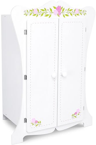 Puppenschrank aus Holz 355, Weiß mit Blumenmuster, 70 cm Höhe, 2 Türen, Kinderzimmermöbel