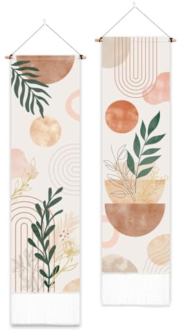 PLIGREAT 2er Pack Boho Wandteppich mit Quasten, Pflanzen Ästhetischer Wandbehang Abstrakter Vertikaler Zuhause Kunst Wandteppich für Schlafzimmer Wohnzimmer Badezimmer Kunst Dekor