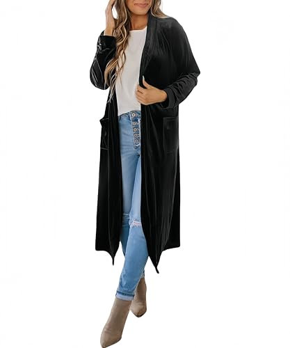 LCDIUDIU Cardigan In Velluto Da Donna, Trench Aperto Sul Davanti, Lungo Senza Collo, Giacca Spolverino, Comoda Giacca In Velluto Per Donna, Capispalla Primavera Autunno, Nero Xxl
