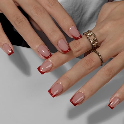 KQueenest Press on Nails Kurz French Tip – 30 Stück Rote Nägel zum Aufkleben Kurz Eckig, French Tip Fake Nails, Quadratische Künstliche Nägel Set für Frauen