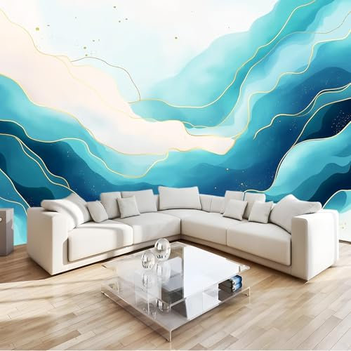Fotomurales 300 x 210 cm Papel pintado abstracto, olas, dorado decoración Pared decorativos Murales Póster Gigante de Pared Personalizado 3D Para Salón o Dormitorio Azul (tono cálido)