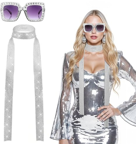 Abeillo 2 Stück 70er Jahre Disco Accessoires,Glitzer Pailletten Schal und Brille,Retro Disco Kostüm Damen,70er Jahre Disco Zubehör für Fasching Party Karneval