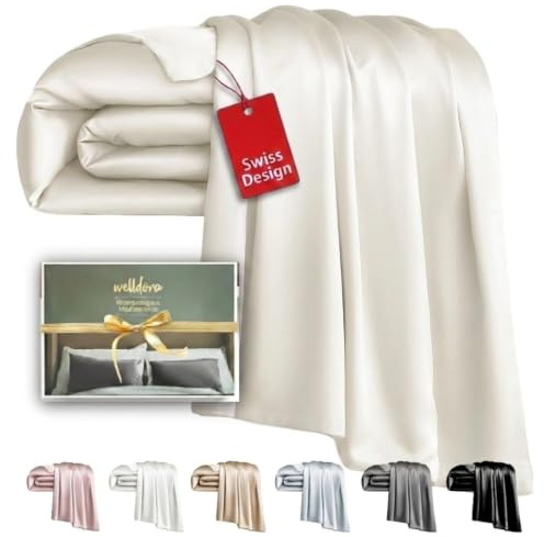 Welldora Deckenbezug 220x240 | 100% Seide 22 Momme Elfenbeinweiss | Luxuriöser Seidendeckenbezug aus Maulbeerseide | Höchste Güteklasse 6A, sanft zu Haut & Haar | OEKO-TEX zert. in der Schweiz