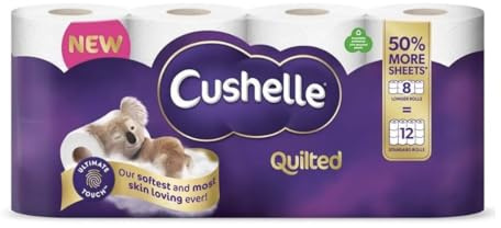 Cushelle Quilted Toilet Rolls, 3-Ply, 8 Long Rolls Equal to 12 Standard Rolls, Soft and Absorbent