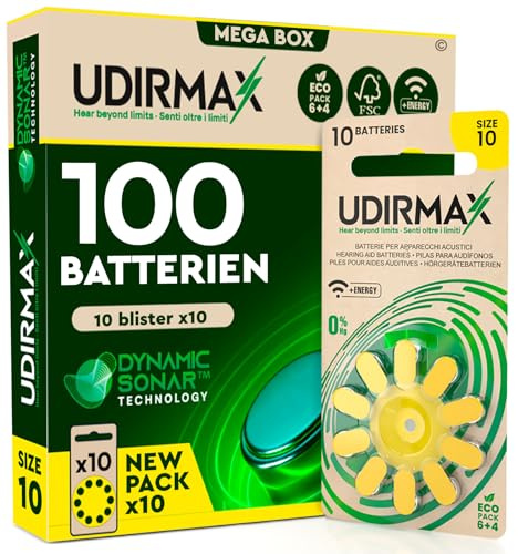 100 Batterien für PR70 Hörgeräte Größe 10 (Gelb) Udirmax Zink-Luft 0% Quecksilber 1,45V mit Dynamischer Sonartechnologie Eco Pack - 10 Eco Blister mit 10 Batterien