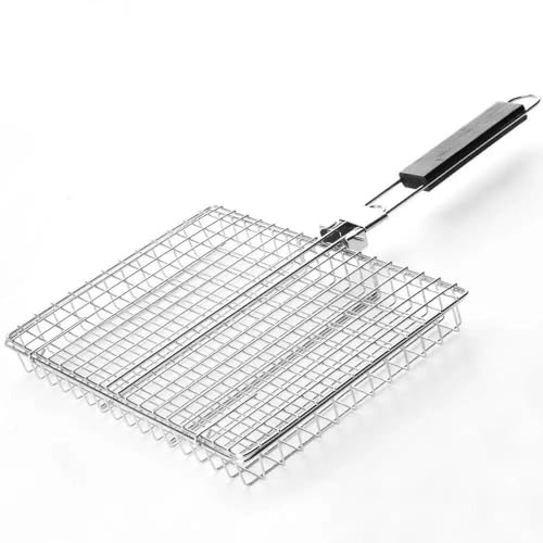 Thrink BBQ Grill Basket – Rustproof Stainless Steel with Long Handle – Heavy-Duty Stainless Steel Grill Accessories Perfect for Grilling Steak, Shrimp & Veggies - BBQ Basket
