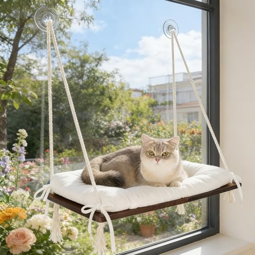 Cheerpals Katzenhängematte Fenster aus Massivholz, Höhenverstellbare Fensterliege für Katzen mit Weichem Kissen & Starken Saugnäpfen, Stabiler Katzensitz zum Sonnenbaden & Vogelbeobachtung, 59x33cm