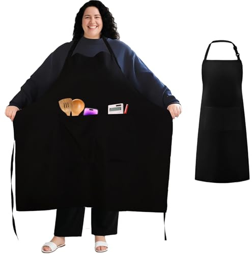 FHUZRE Kochschürze Herren Damen Übergröße, Verstellbare Schürze Unisex Schwarz Groß Grillschürze für Männer, Professionell Küchenschürze Schwarze Große Größen Schürzen Frauen Kochschürzen 2 Taschen