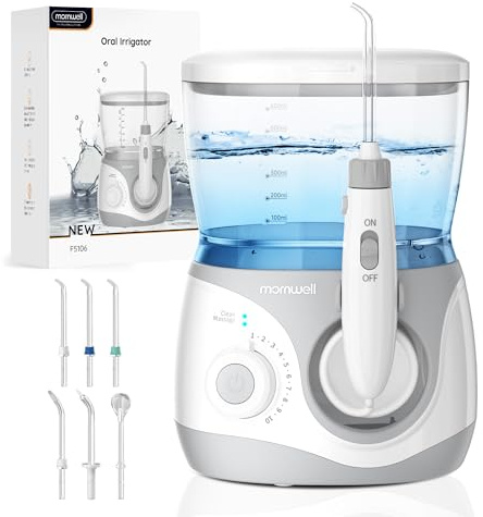 Mornwell Idropulsore Dentale Professionale Elettrico con 10 Livelli di Pressione, 6 Ugelli, 2 Modalità & Serbatoio 600ml, con Timer Integrato (Large A)
