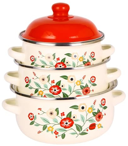 Colcolo 3Pcs Enamel Stockpots with Lid Flat Bottom Cooking Pots Retro Design Flower Pattern Double Handle Enamel Pot Set for Dining, Red