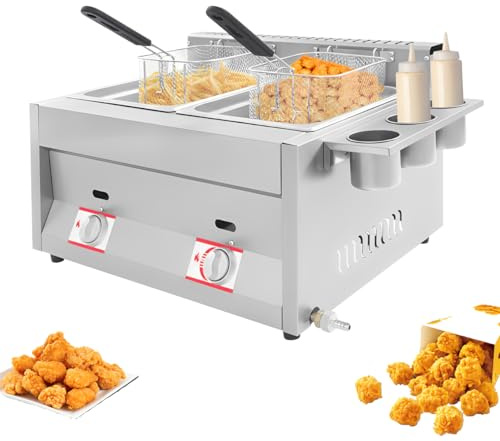 Double Friteuse à gaz avec 2 paniers, Friteuse au propane en acier inoxydable, Plage de température 50-380 °C, Friteuse à gaz avec 3 verres à épices pour les ménages, restaurants, stands de