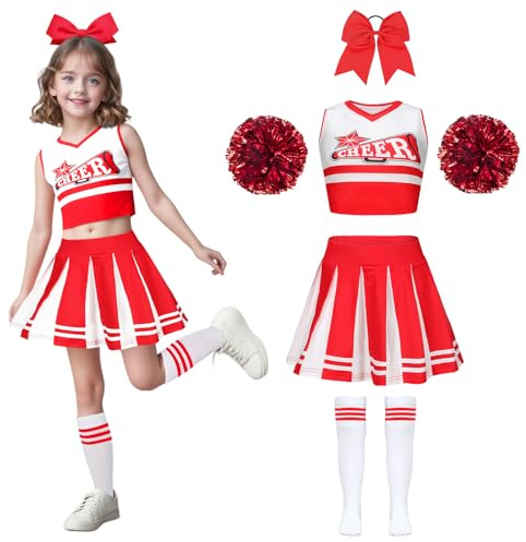 Wuzfully Pom Poms Cheerleader-Outfit für Mädchen, Uniform, High School mit Pompons, Musikuniform, Outfit